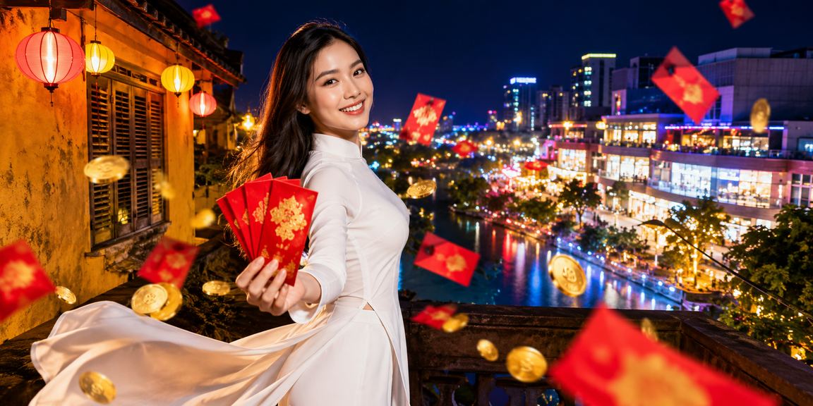 Khung cảnh Hội An với áo dài và phong bao đỏ – ưu đãi theo dịp lễ jun888